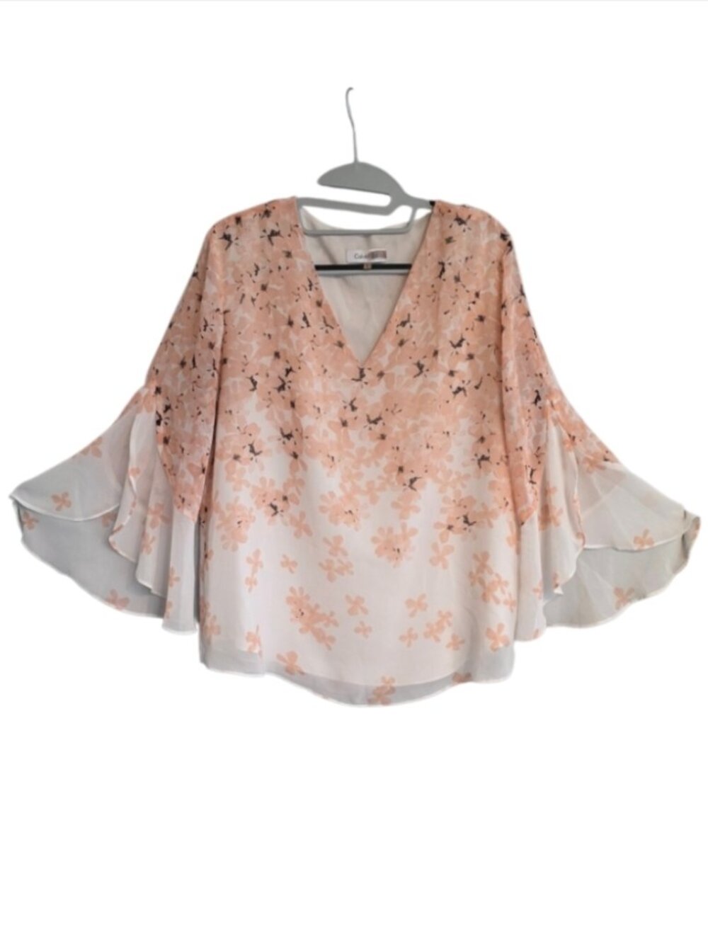 Calvin Klein Floral Chiffon Blouse Top Shirt Tier Bell Sleeves Garden Botanical